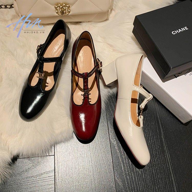 Giày cao gót da mũi tròn phối dây chữ T phong cách Pháp retro