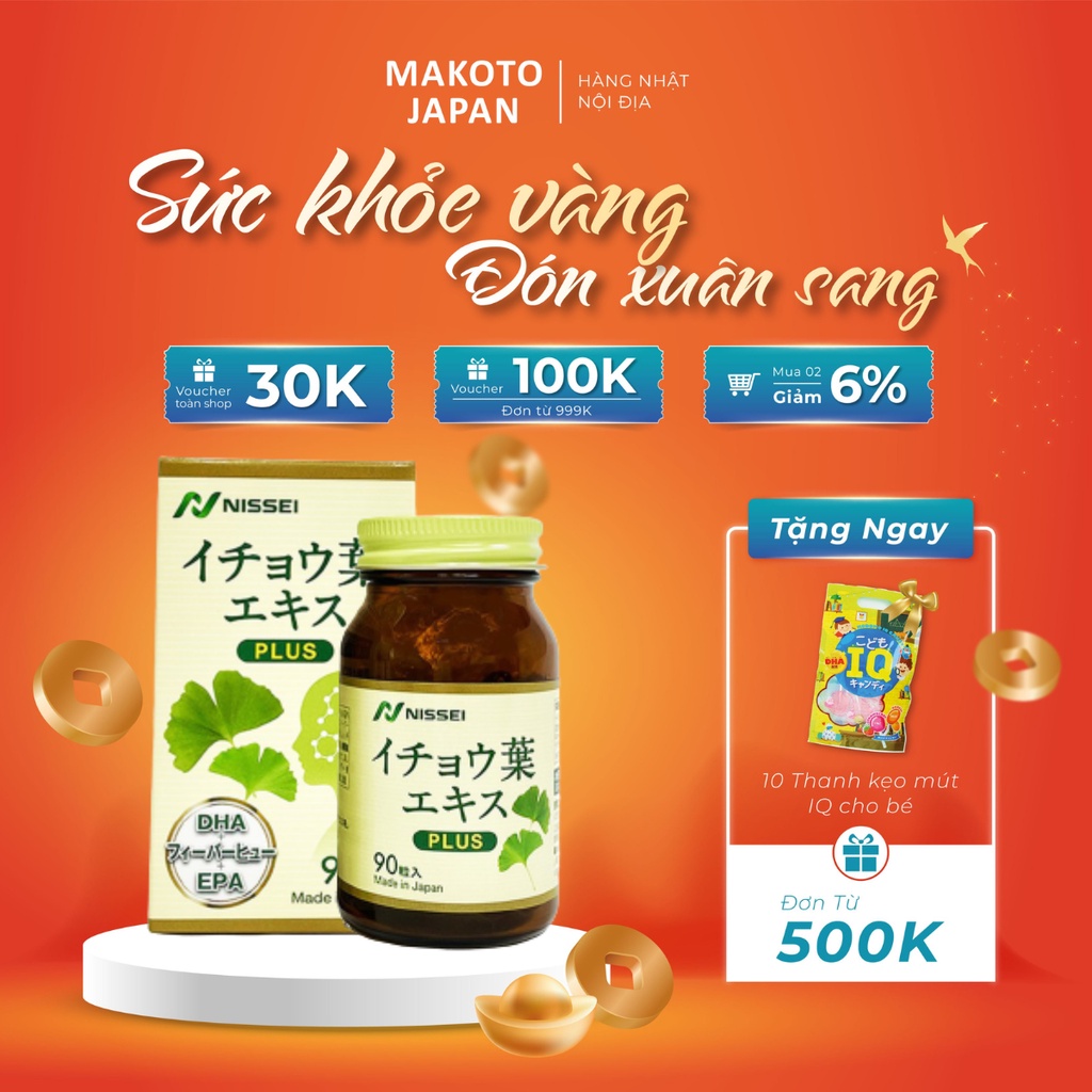 Hoạt huyết dưỡng não Ginkgo Nissei Nhật Bản, bổ não, tăng cường tuần hoàn máu Ginkgo Leaf Extract Plus 90 Viên