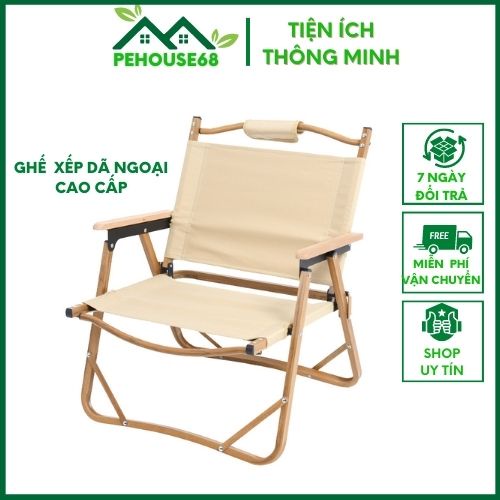 Ghế cắm trại dã ngoại gấp gọn hợp kim nhôm vân gỗ, ghế xếp du lịch đi cắm trại cao cấp Pehouse68