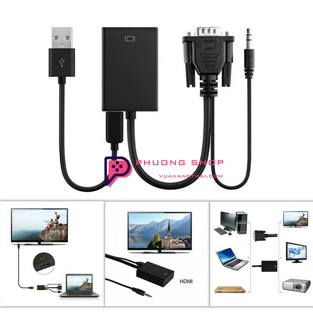 Bộ cáp chuyển đổi VGA sang HDMI Có Audio, VGA TO HDMI FullHD 1080P