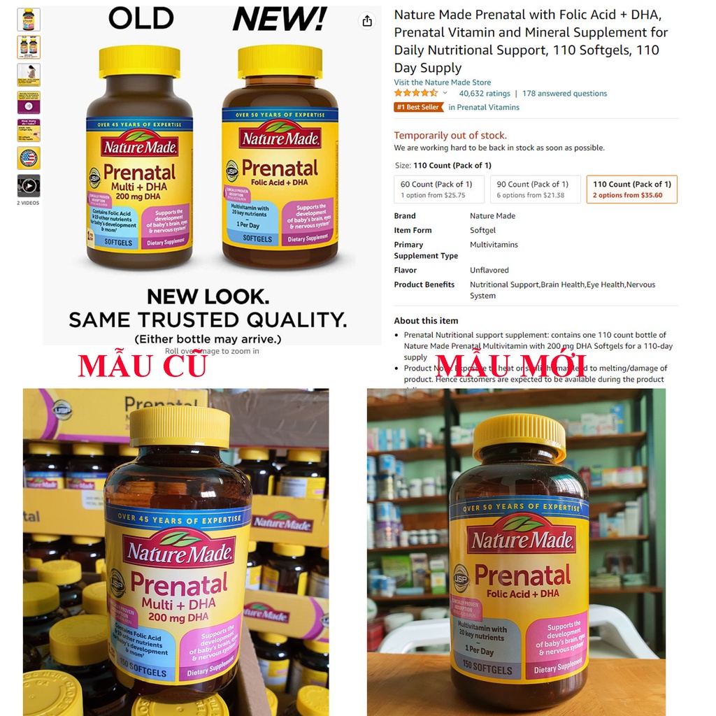 Vitamin bầu Prenatal + DHA 200mg Nature Made : Mỹ