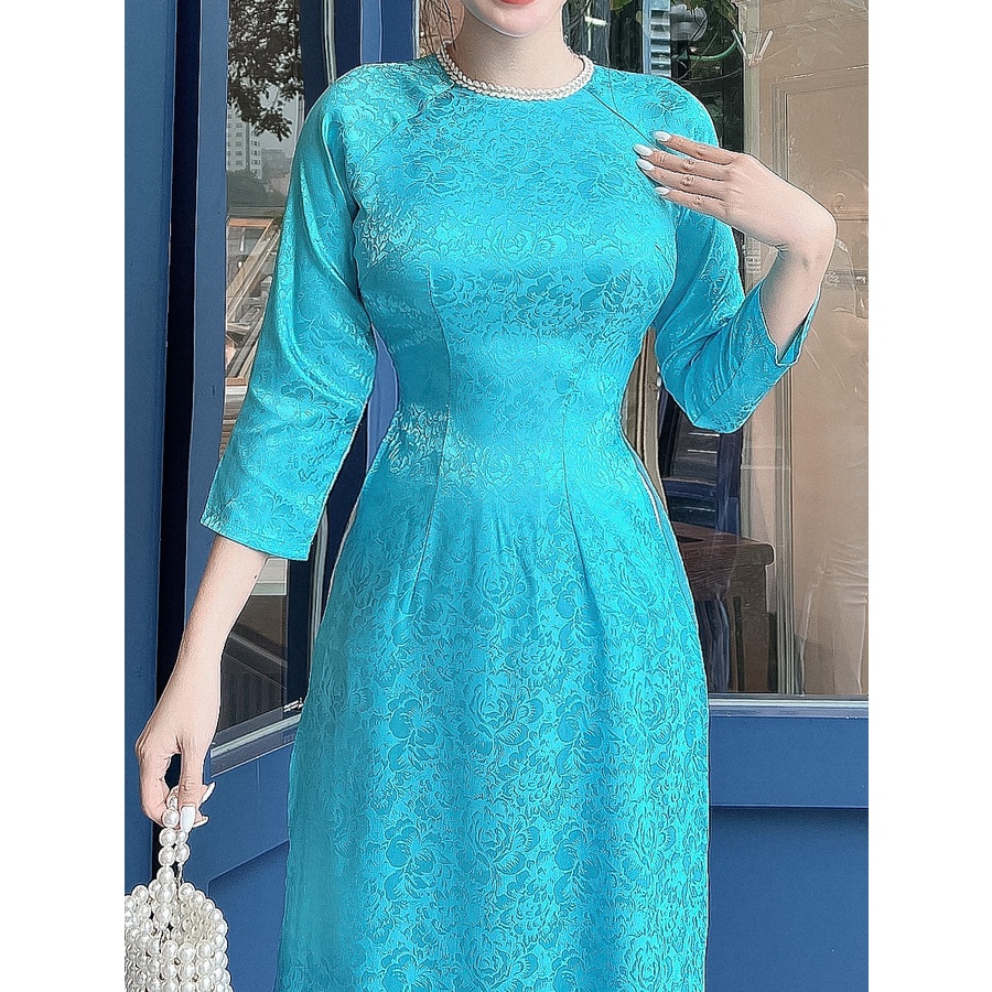 Áo dài gấm lụa hoa hồng viền cổ dễ thương AD018 - Lady Fashion