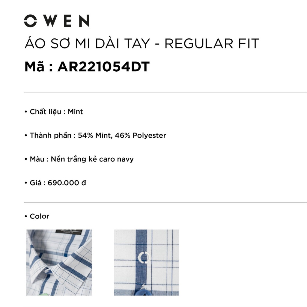 Áo sơ mi dài tay nam OWEN AR221054D somi công sở vải bạc hà cao cấp màu nền trắng kẻ caro navy dáng suông không túi