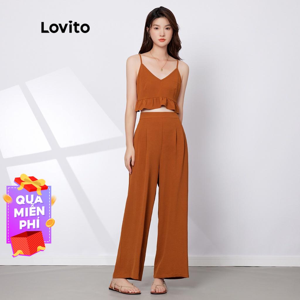 Set quần Lovito ống rộng lai bèo xếp nếp màu trơn phong cách thường ngày L19D190 (Màu nâu)