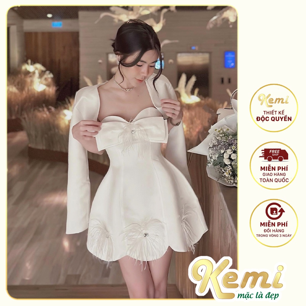Sét Váy áo cúp ngực 2 dây phối nơ đính lông vũ đá kèm khoác dài tay Kemi chất Tafta cao cấp đầm xòe công chúa mặc là đẹp