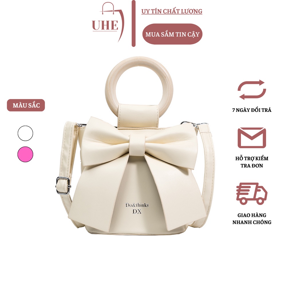 Túi xách nữ đeo chéo quay xách gỗ gắn nơ bag đi tiệc 2023 phong cách hàn quốc , chất da cao cấp UHE_017