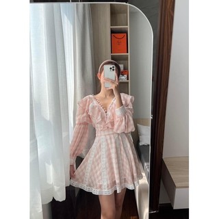 Đầm xoè size XS dáng ngắn hở lưng cổ V bèo Zodiac Dress - vải chiffon hạt xô hồng cam đào thecountryboutiques TCB