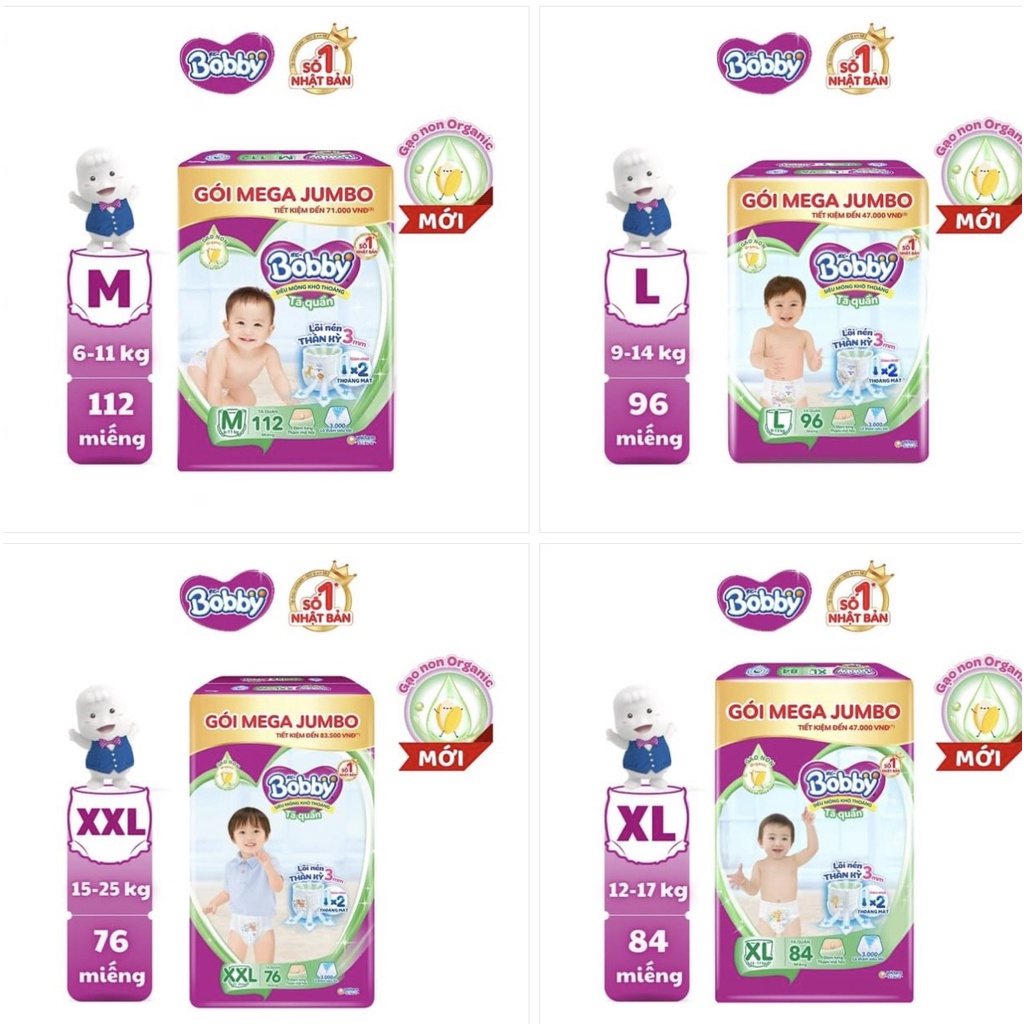 Combo 2 Tã quần Bobby Mega Jumbo M120/L104/XL92/XXL84 mới