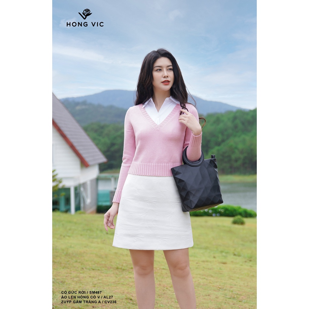 Áo len nữ thiết kế Hong Vic hồng cổ V AL27
