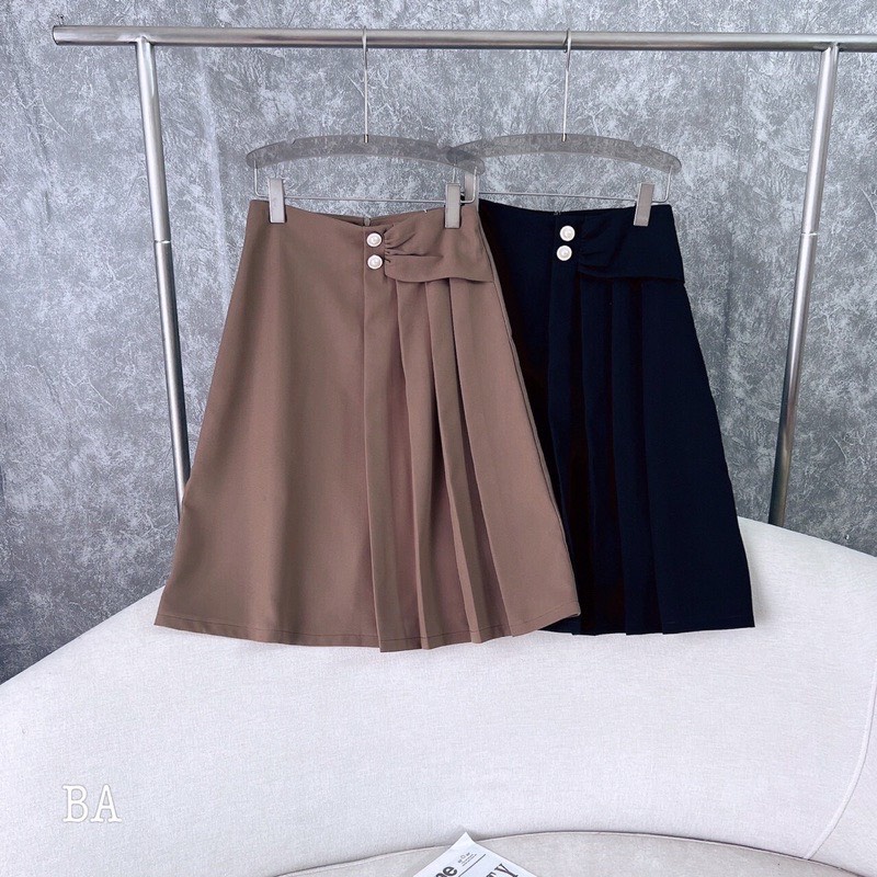 Chân Váy Công Sở Dáng Dài Xếp Ly cách điệu nhún đính cúc