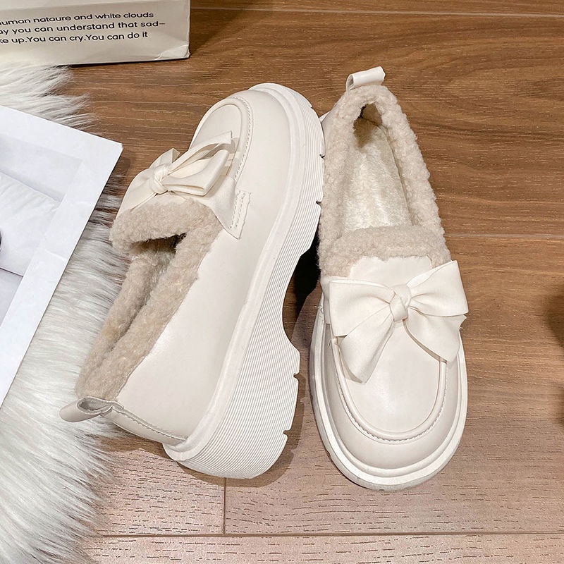 Giày Da Đế Dày Mềm Mại Lót Lông Cừu Đính Nơ Phong Cách Nhật Bản Thời Trang Thu Đông Cho Nữ