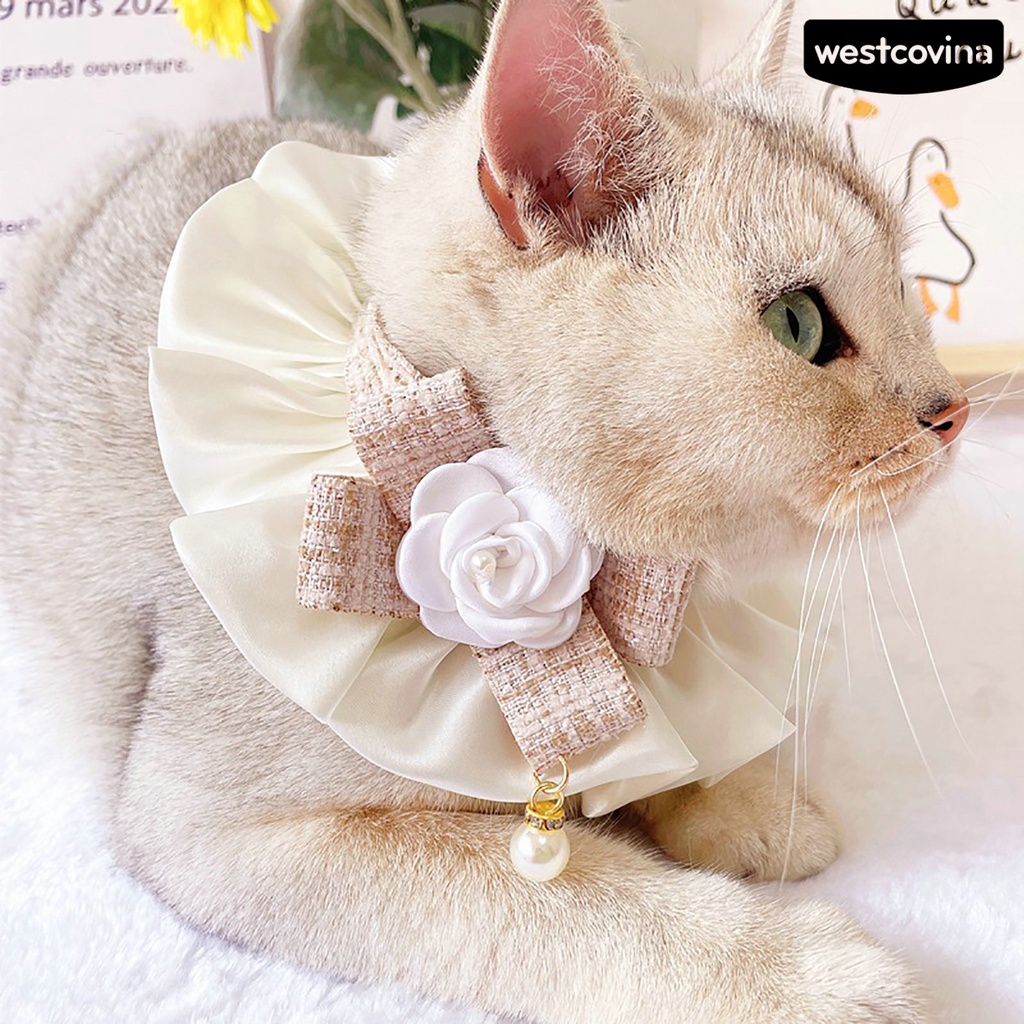 [Hot]♝Vòng Cổ Xếp Li Đính Hoa Trà Và Ngọc Trai Giả Thanh Lịch Dành Cho Thú Cưng