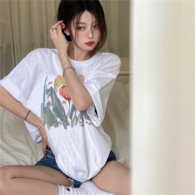 Áo Thun Ngắn Tay In Hoa Xinh Xắn Theo Phong Cách Hàn Quốc