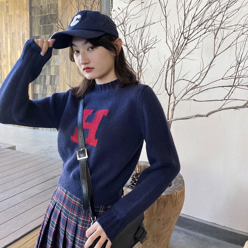 Áo Dệt Kim Tay Dài Cổ Tròn In Chữ H Phong Cách Thời Trang Hàn Quốc Dành Cho Nữ