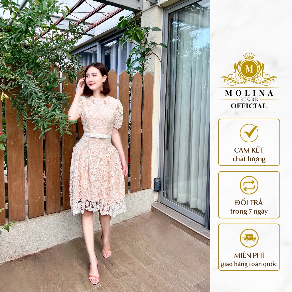 Đầm Ren Hoa Mai Tay Bồng Thiết Kế Molina, Thắt Lưng Đeo Phong Cách Nữ Tính Thanh Lịch Phù Hợp Đi Làm Dạo Phố