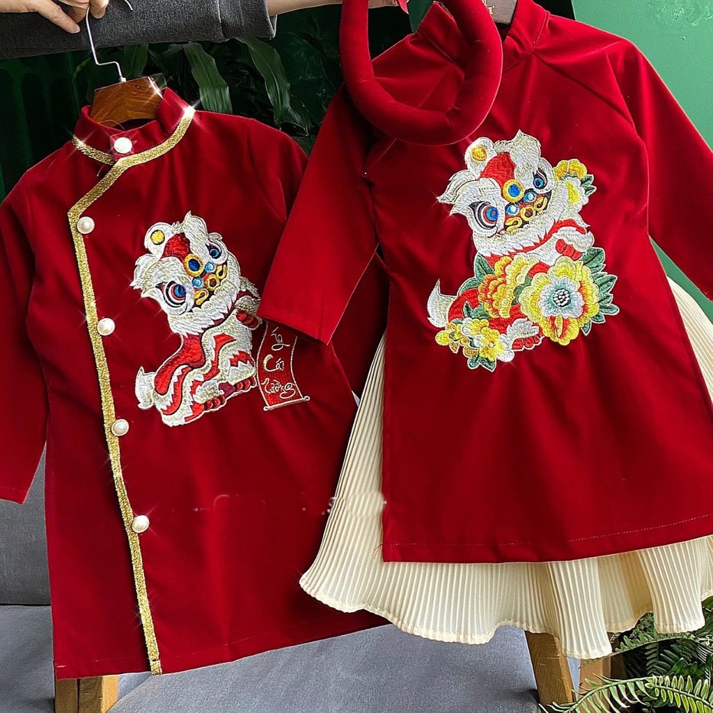 Áo dài cách tân bé trai thêu kỳ lân 10kg đến 28kg màu đỏ