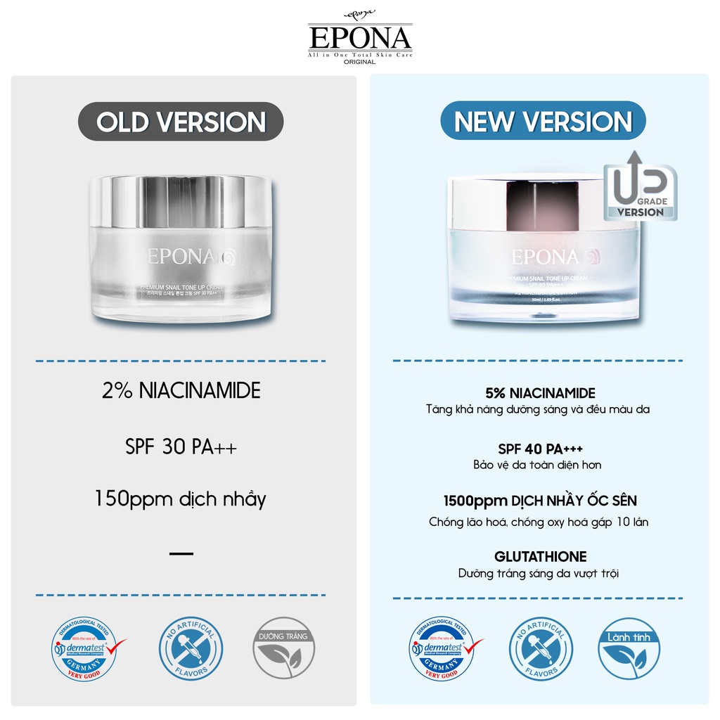 Kem Dưỡng Trắng - Nâng Tone Mỏng Nhẹ - Tự Nhiên Epona Premium Snail Tone Up Cream SPF 40 PA++  50ml