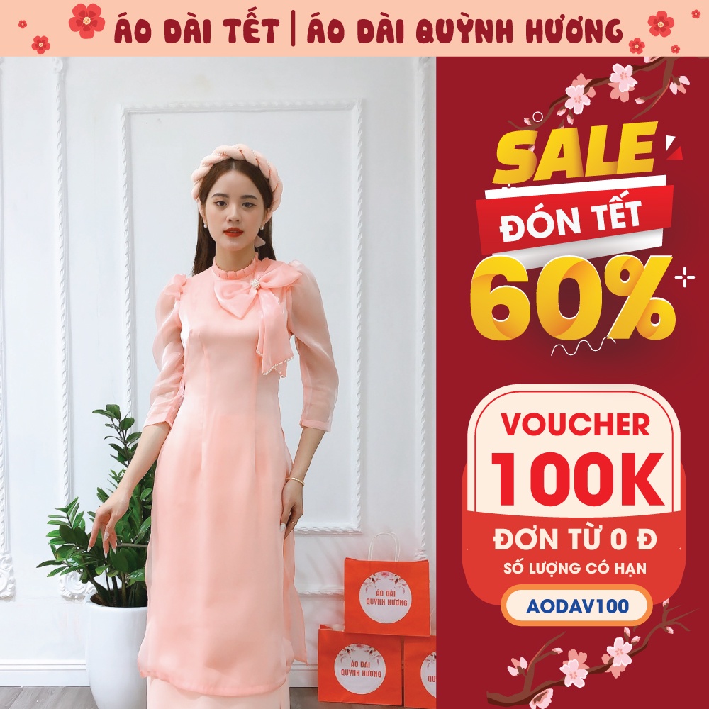 Áo dài Tết voan hồng đính nơ cổ cách điệu by Quỳnh Hương