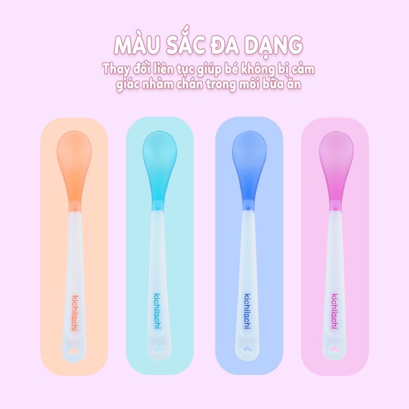 Muỗng/Thìa ăn dặm cán dài đầu nhựa mềm báo Nóng Richell - Kichilachi an toàn cho bé trên 4 tháng tuổi