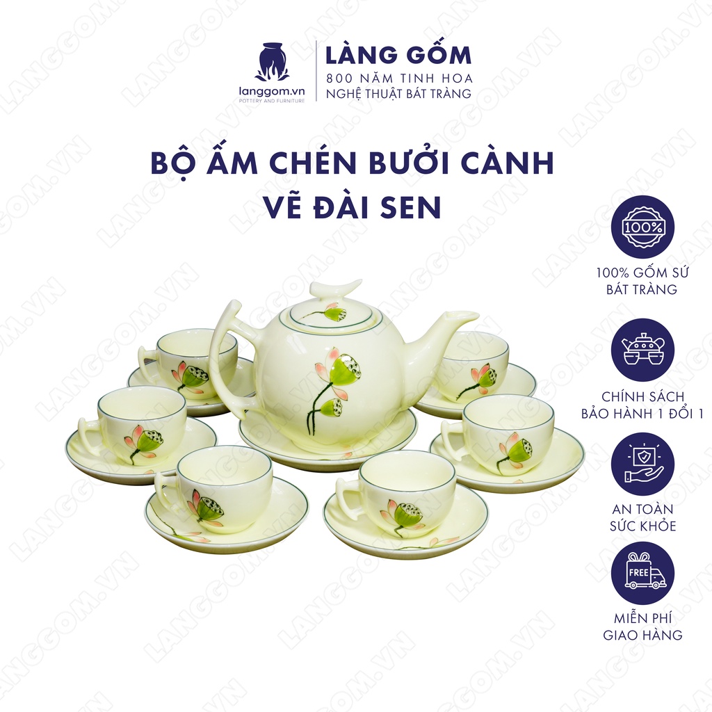 Bộ ấm chén bưởi cành + vẽ đài sen (kem) - Gốm sứ Bát Tràng - langgom.vn