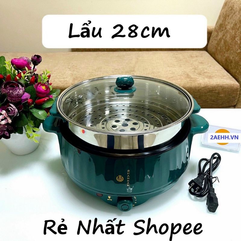 Nồi Lẩu Điện Đa Năng Chống Dính Shanban 24CM HM-D24 -hàng cơ hm26cm -hm28cmTặng Kèm Hấp Inox .Dán .Xào .Hấp. .Hầm