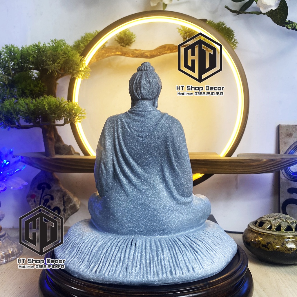 Tượng Phật Thích Ca Xúc địa thủ ấn 20 cm đá xám chấm bi