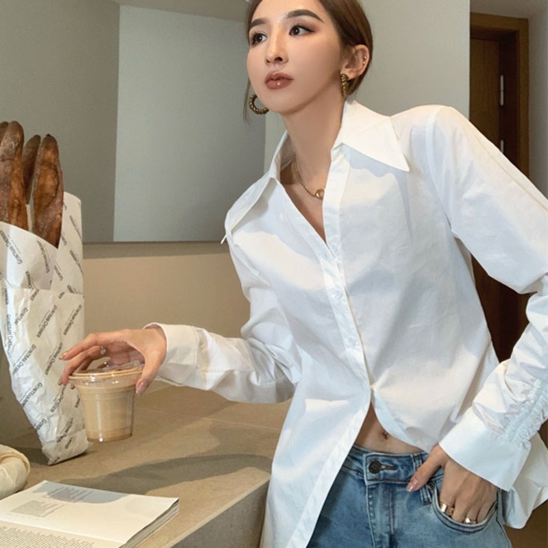 Áo Sơ Mi Tay Dài Màu Trơn Đơn Giản Phong Cách Hàn Quốc Thời Trang Cho Nữ