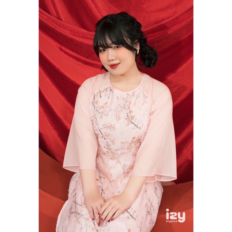 ÁO DÀI BIGSIZE TƠ 4 TÀ ĐÍNH KẾT - HOA ĐÀO - IZYBYNHI