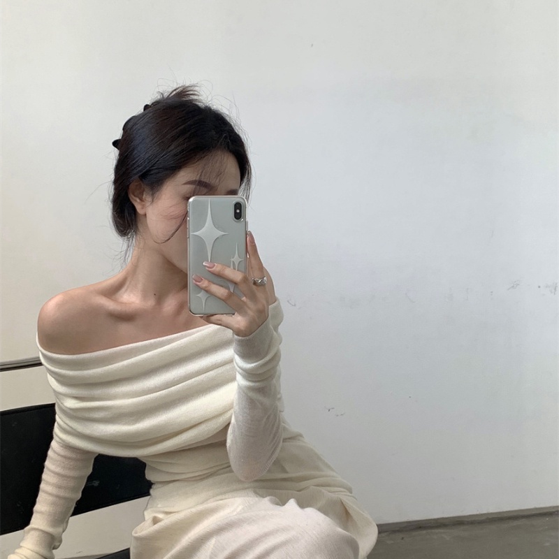 COZOKC COZOK Áo thun dệt kim COZOK trễ vai mỏng dài tay