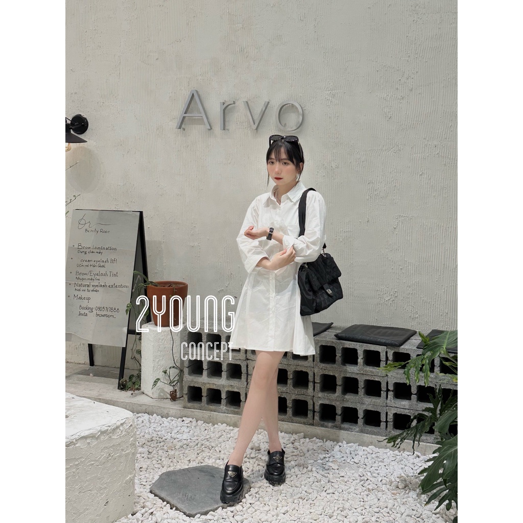 Đầm sơ mi trắng chít eo [2YOUNG] D1074 (ảnh thật)