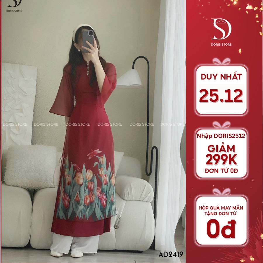 Áo dài Kim Hương thiết kế DORIS màu đỏ đô phối hoa tuy líp nổi bật thumbnail