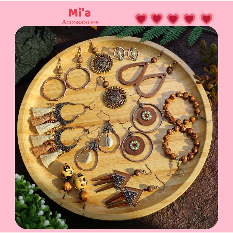 Khuyên tai retro tuarua gỗ, bông tai Âu mỹ vintage