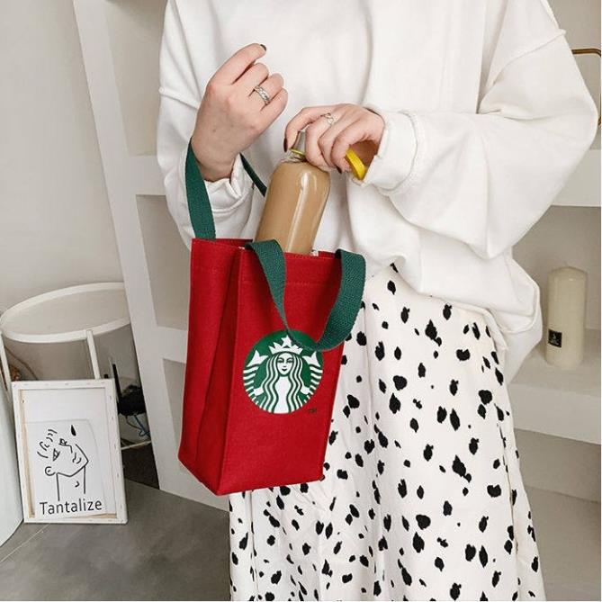 Túi đựng bình nước Star.bucks Túi vải canvas dày dặn đựng bình nước, quai xách chắc chắn