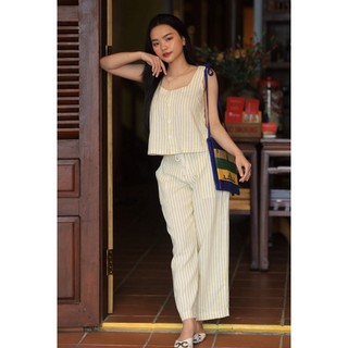 Set áo quần Linen kẻ sọc thiết kế cao cấp dạo phố thời trang thanh lịch