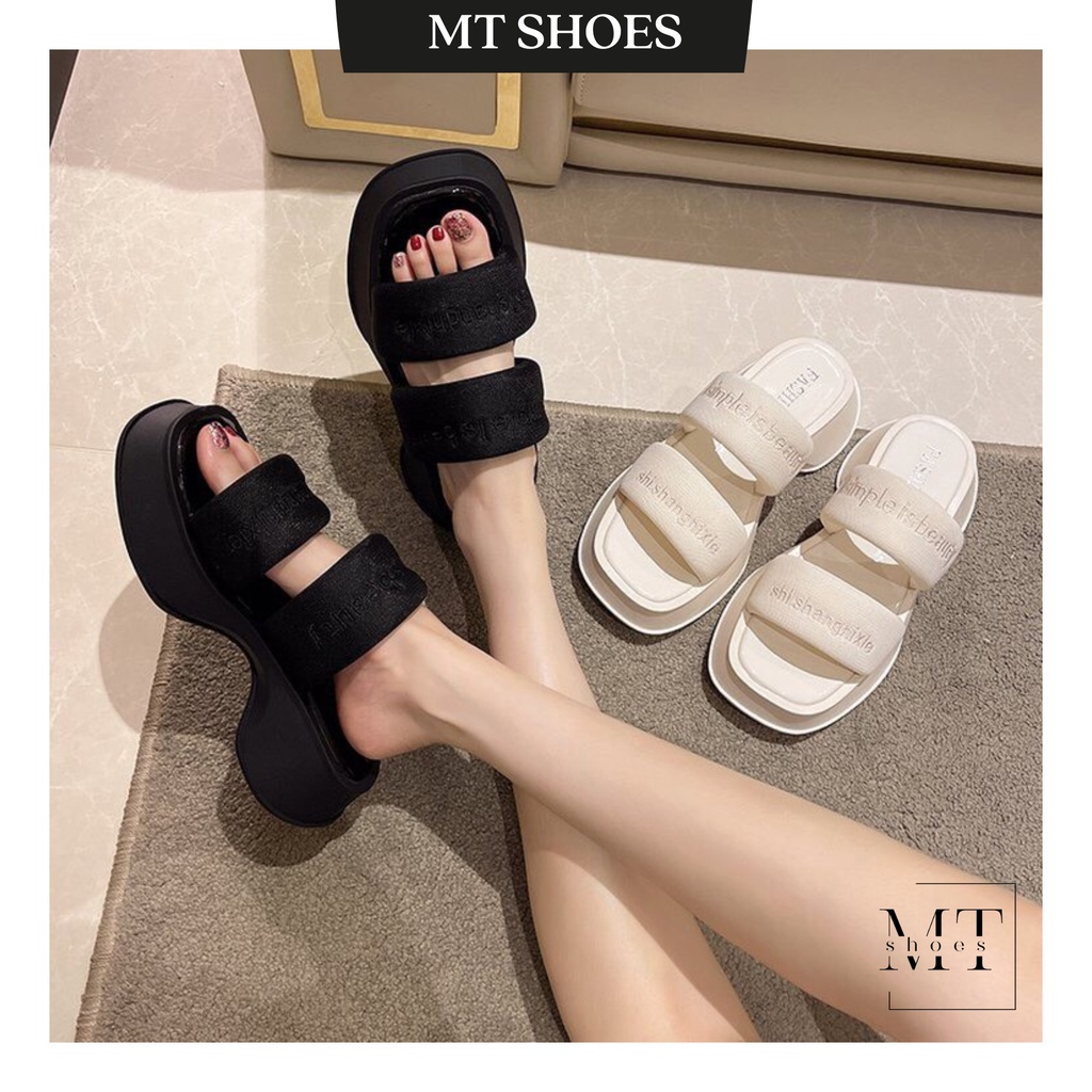 Dép nữ đế dày 2 quai phối lưới cao 5P kiểu dáng Hot Trend chất da mềm đế đục nhẹ siêu êm chân kèm ảnh thật