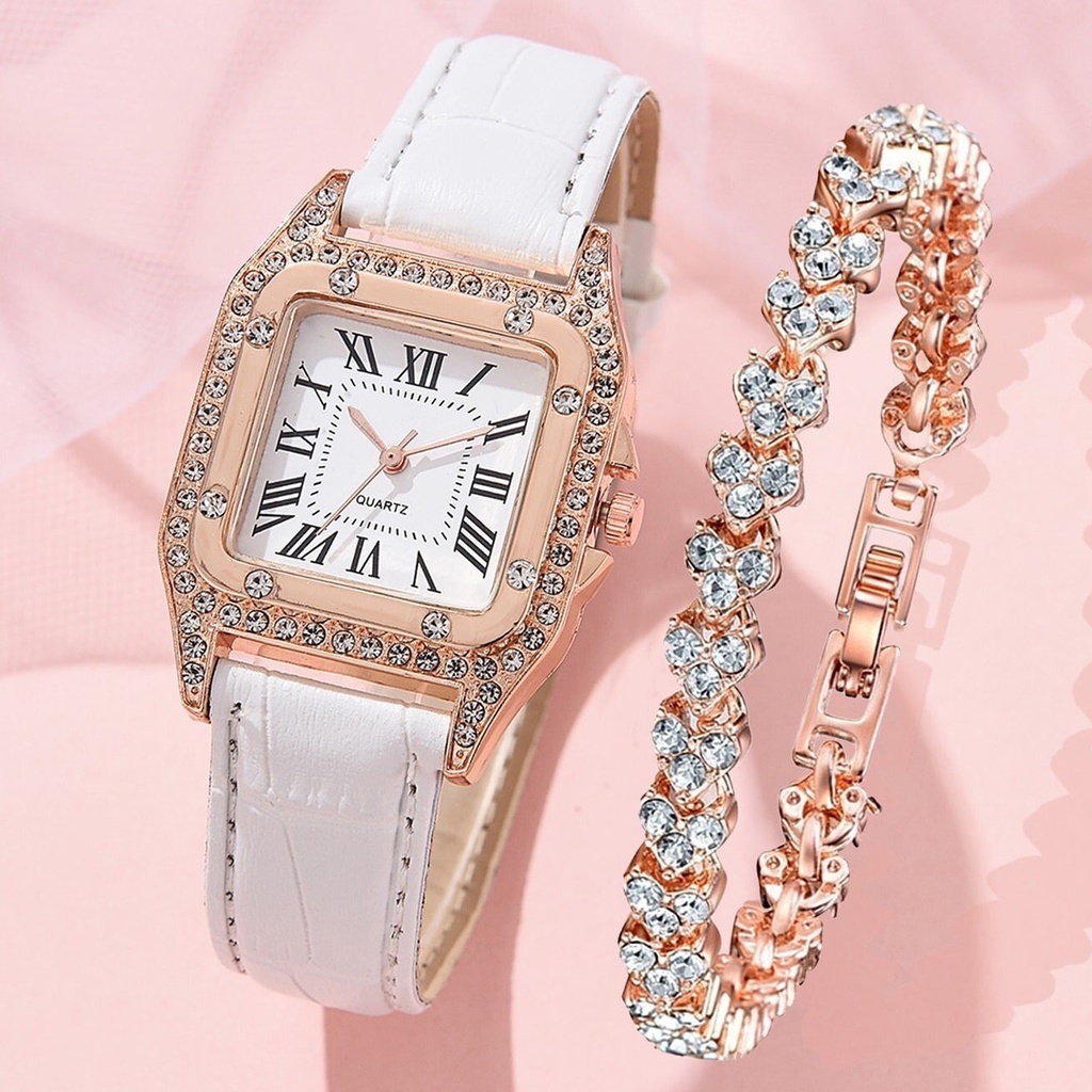 Đồng Hồ Quartz Nữ Mặt Vuông Đính Hột Xoàn Dây Da Thời Trang