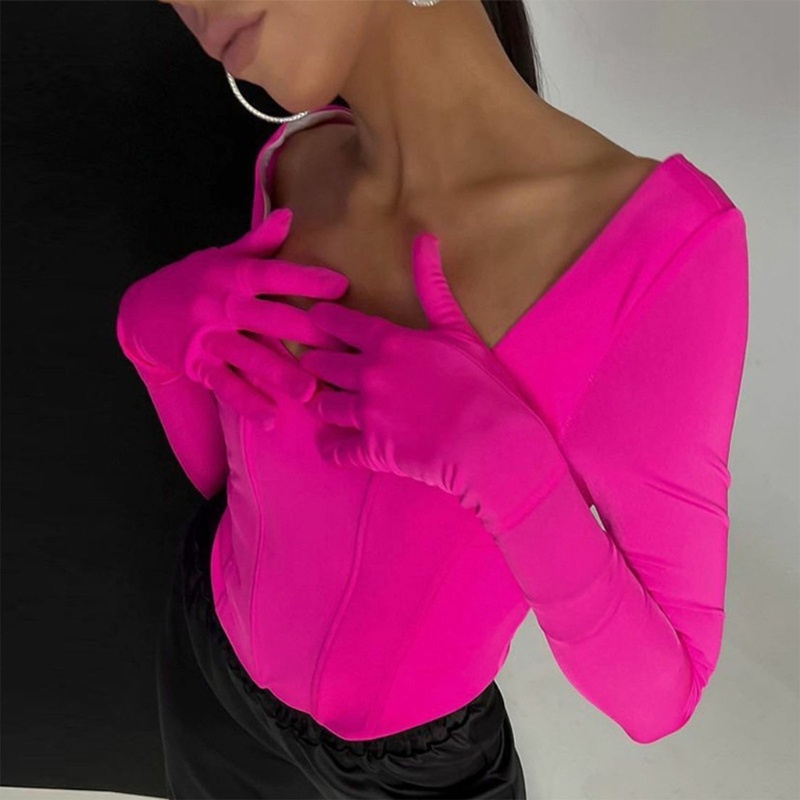 Áo Croptop Tay Dài Cổ Vuông Dáng Ôm Màu Trơn Kèm Găng Tay Thời Trang Cho Nữ