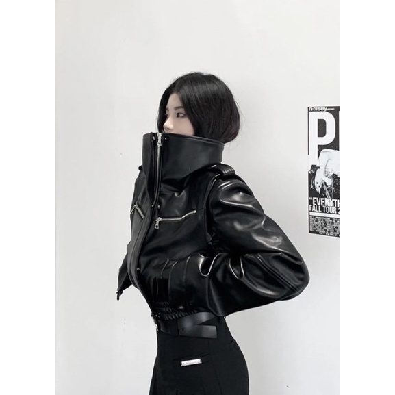 Áo Khoác Da Croptop, Áo Khoác Zipper Cao Cổ Unisex dành cho nam nữ FuturistiX Ak197