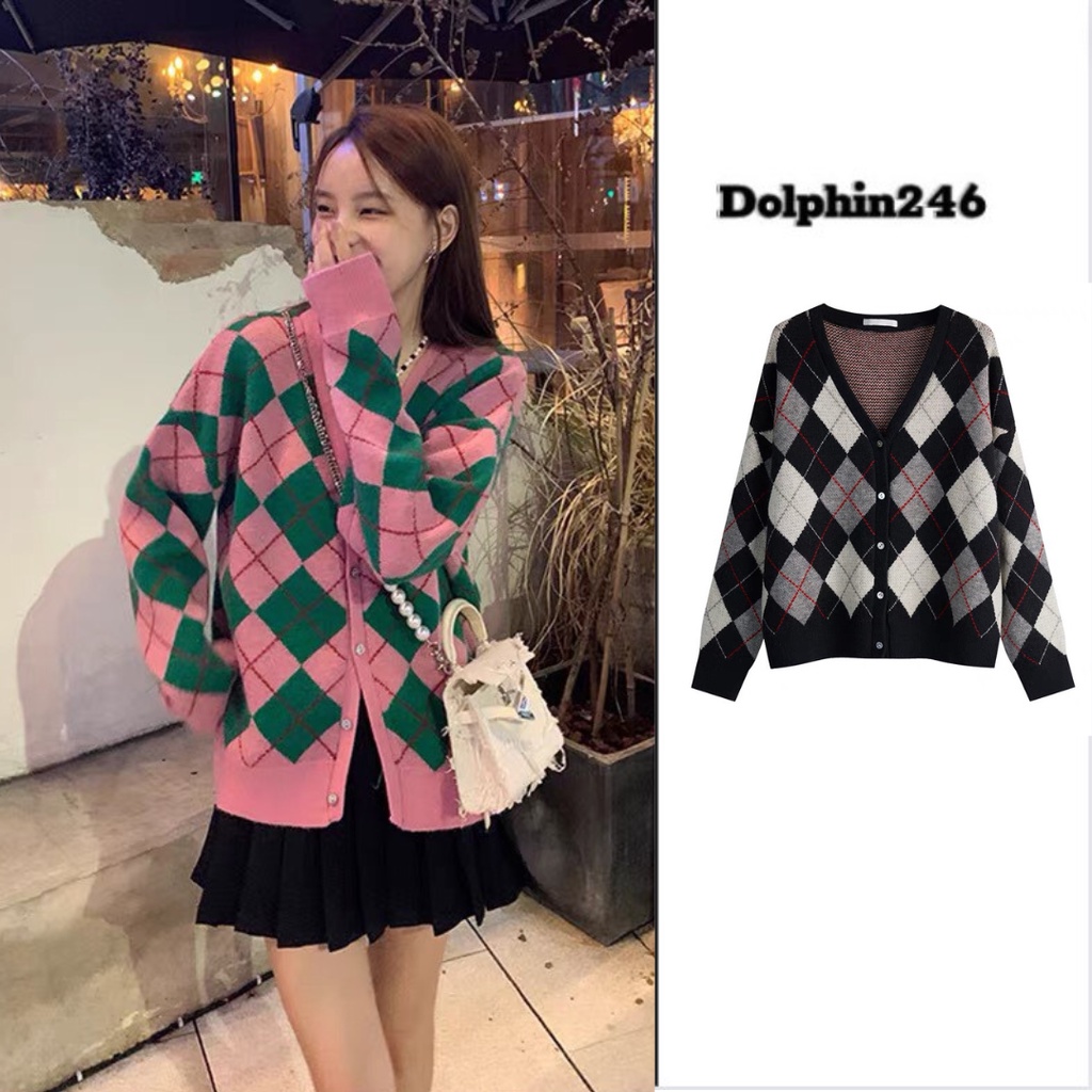 Áo khoác len cardigan nữ dệt kim dáng rộng họa tiết kim cương kiểu dáng Hàn Quốc A-14