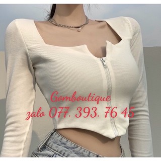 Áo croptop nữ kiểu phối khoá kéo dài tay chất vải thun gân len 4 chiều, ÁO DÂY KÉO CTOPTOP TAY DÀI