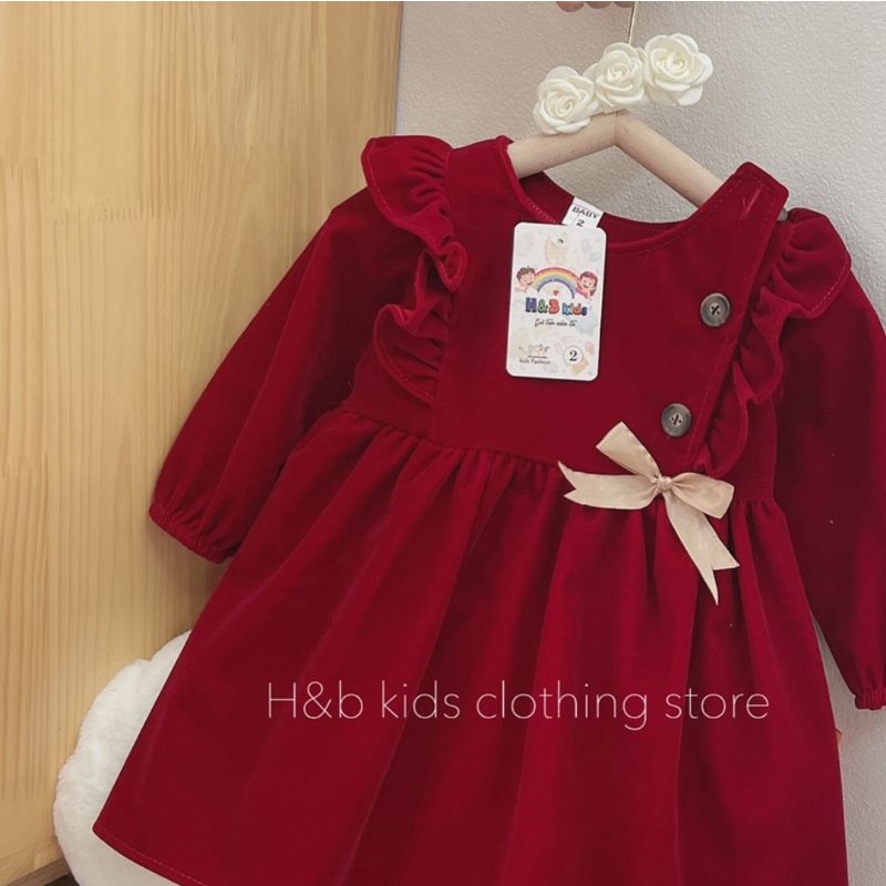 Váy nhung đỏ bé gái Noel bèo nhún cực xinh