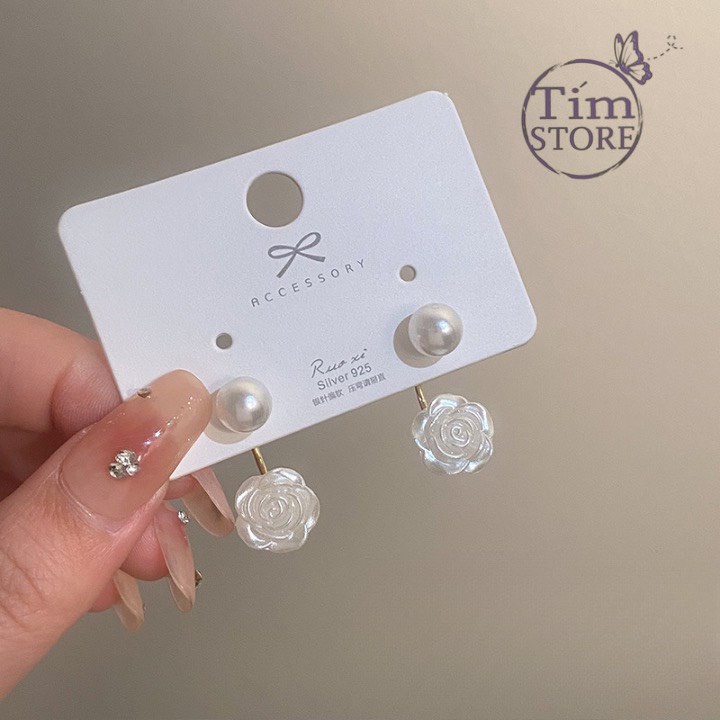 Bông tai nữ hình hoa hồng trắng bạc 925 thời trang TIMSTORE phụ kiện thời trang phong cách hàn quốc