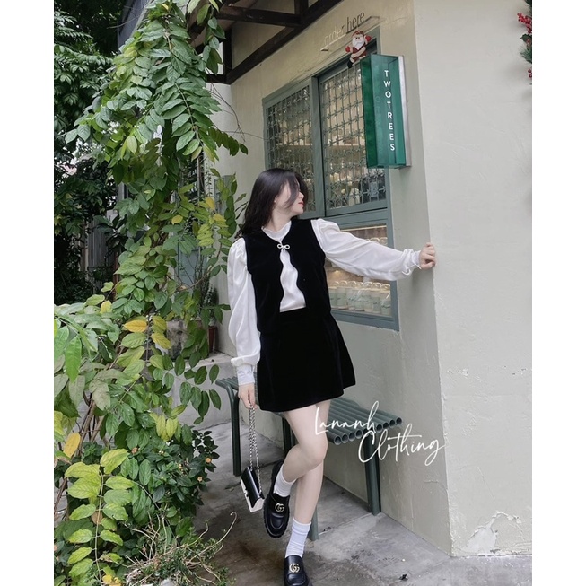 Set 3 món gile lượn sóng kèm nơ đá siêu phẩm Áo sơ mi thô lụa , cúc cổ cài sau dễ mặc Gile nhung cứng QC