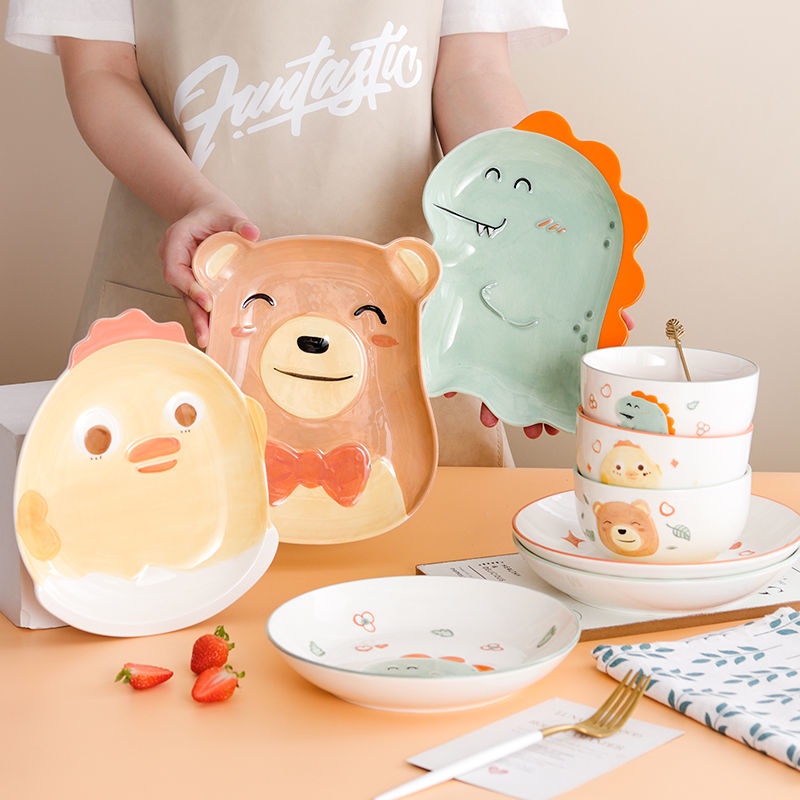 Bộ đồ ăn cho bé BÁt/Bát trẻ em hình động vật hoạt hình bộ đồ ăn Bát khủng long Đĩa Gốm Hoạt hình dễ 