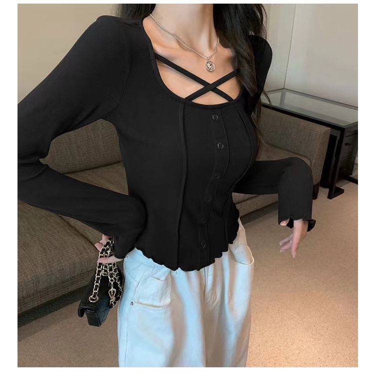 Áo kiểu ZHELIHANGFEI tay dài cổ phối dây đan chéo thời trang trẻ trung