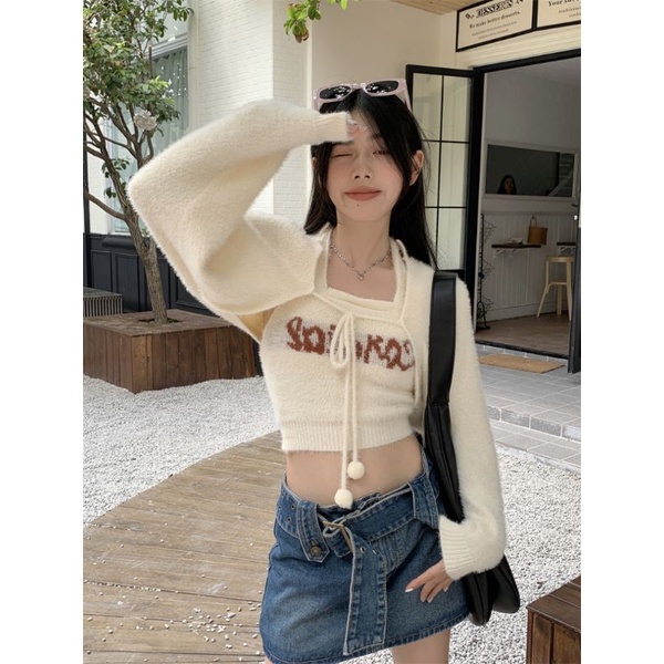 Set 2 áo len Hàn Quốc chất mịn dày dặn mặc Đông màu đen - kem