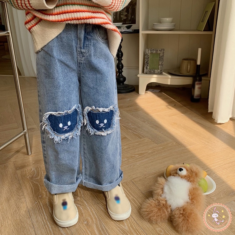 Quần Jean Dài Dáng Rộng Lưng Thun In Hoạt Hình Gấu Kiểu Hàn Quốc Dễ Thương Cho Bé Gái