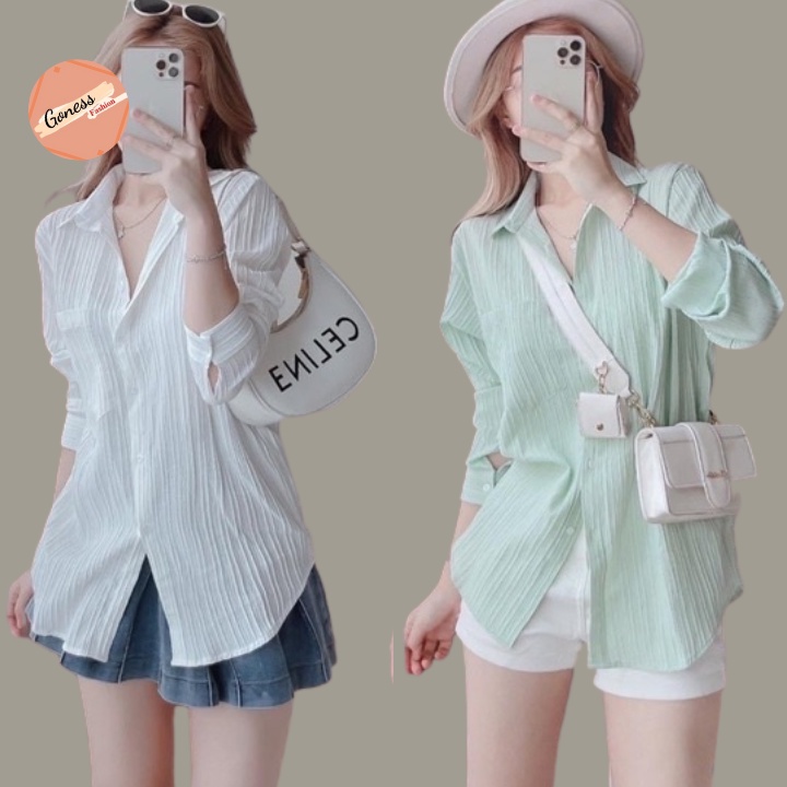 Áo sơ mi nữ Goness dài tay form rộng kiểu sơmi chất đũi gân trơn đẹp thời trang công sở đi học