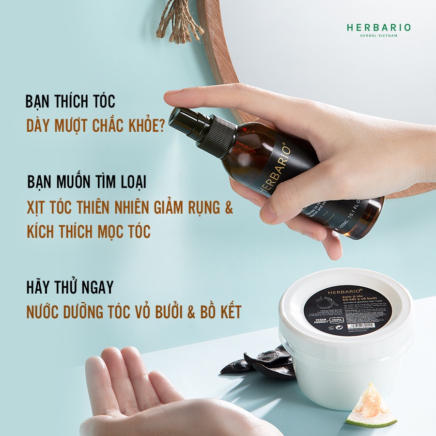 Combo nước xịt dưỡng tóc vỏ bưởi & Bồ kết herbario 100ml + Serum mọc tóc vỏ bưởi & Bồ kết herbario 30ml