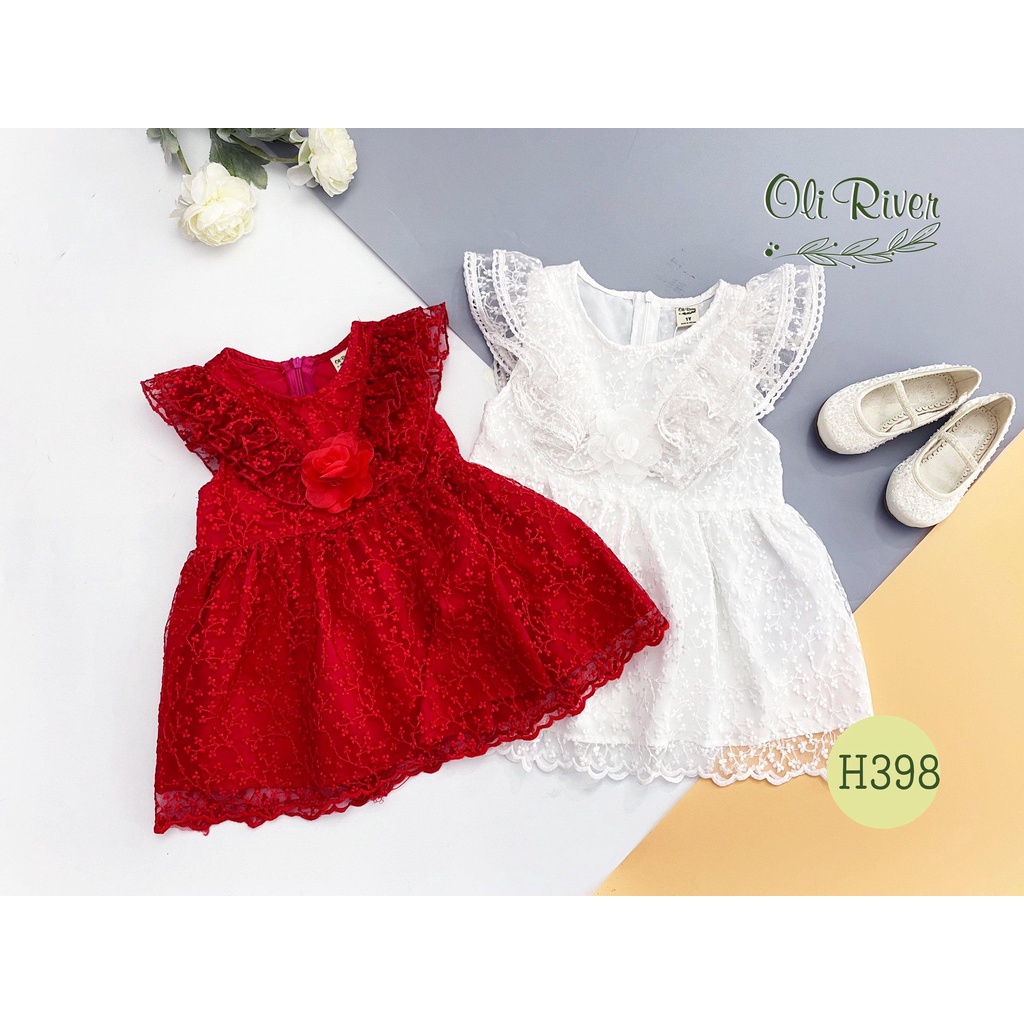 Váy đầm đỏ trắng bé gái phối ren hoa nổi siêu xinh, lót trong mềm mại, chuẩn hãng Oli River